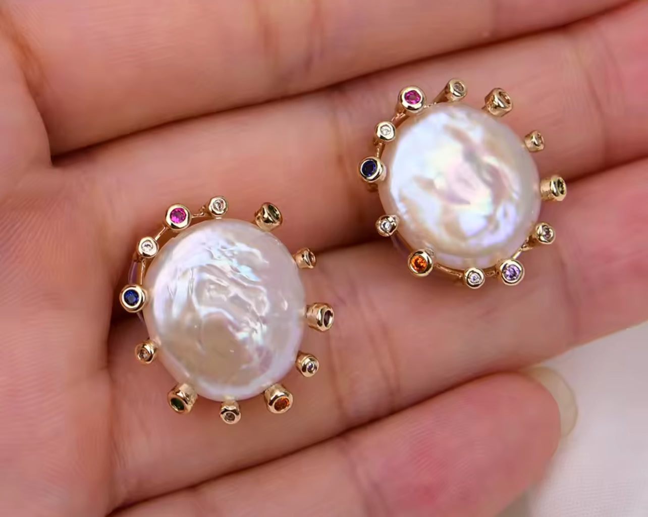 Natural Coin Pearl Stud Earrings Surrounded by Multi - Colored stones in Gold