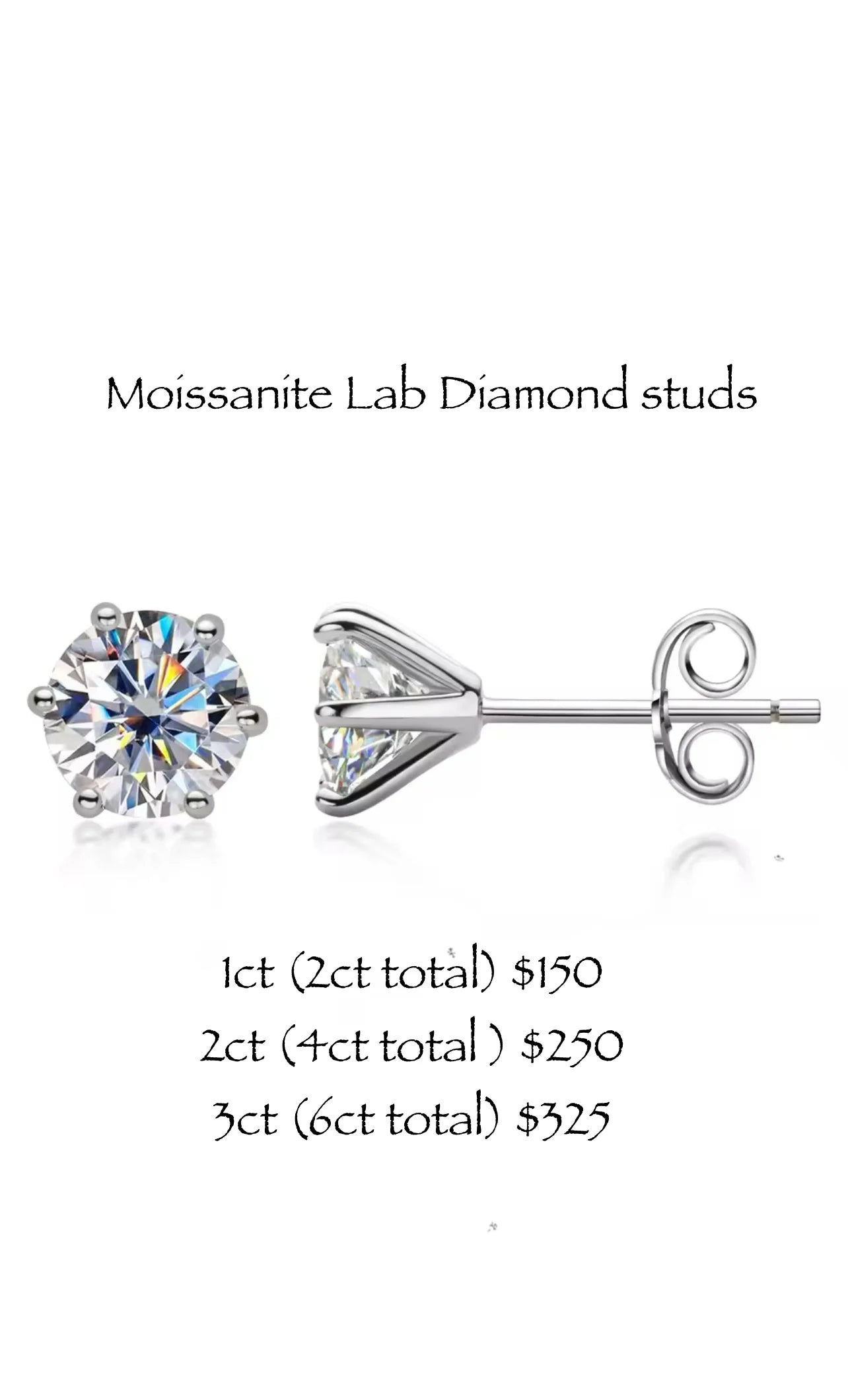 Lab / Moissanite stud Earrings. Sterling silver.