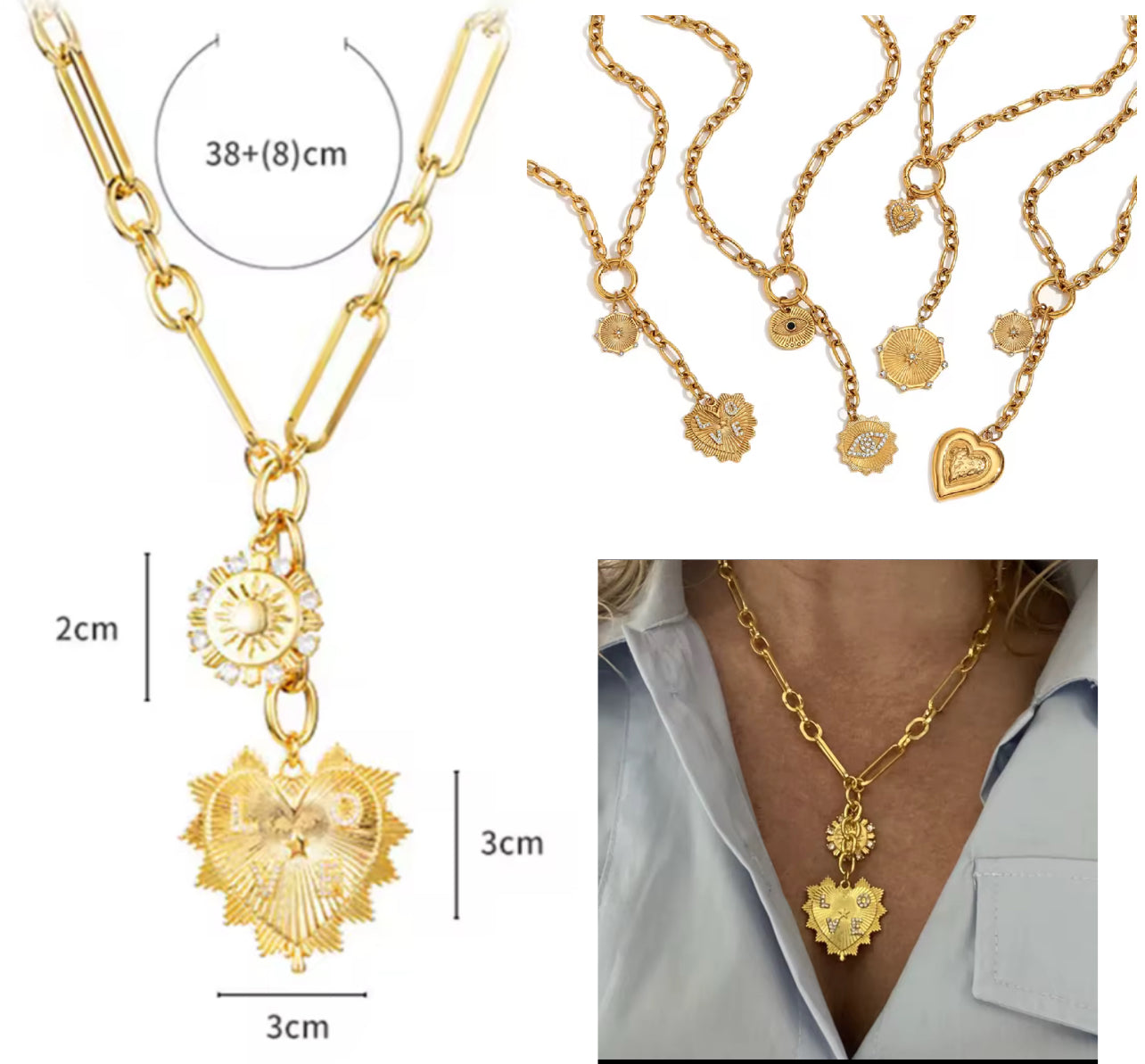 Gold Heart Disc Charm lariat necklace