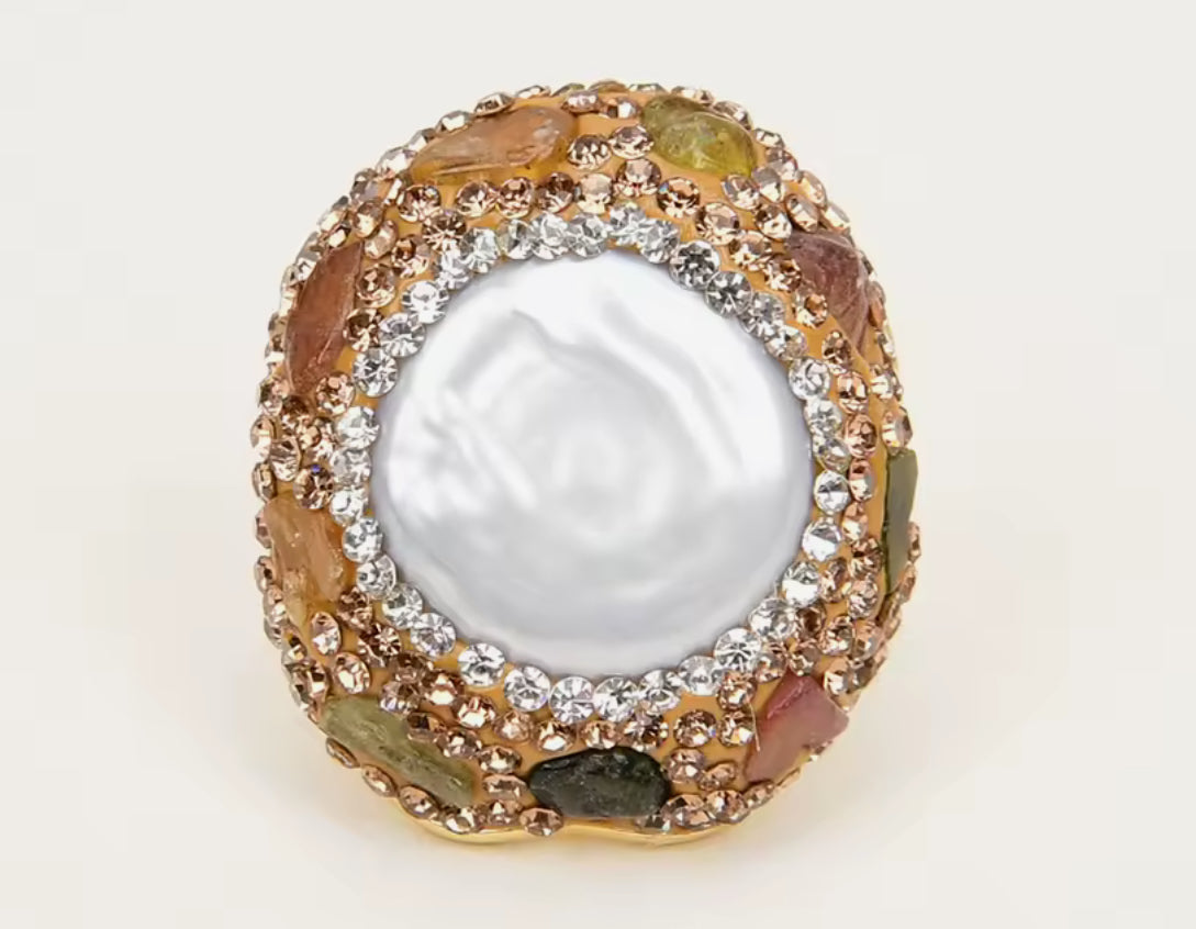 Natural Pearl Multi Colored Stone Gold Ring