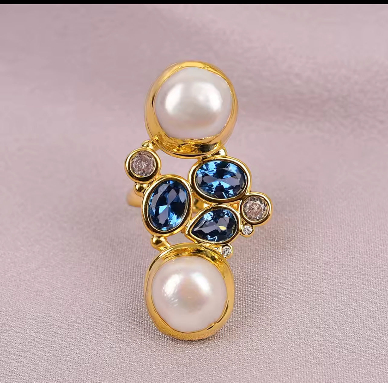 Cultured White Keshi Pearl Ring Blue Colored Stones Adjustable