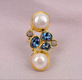 Cultured White Keshi Pearl Ring Blue Colored Stones Adjustable
