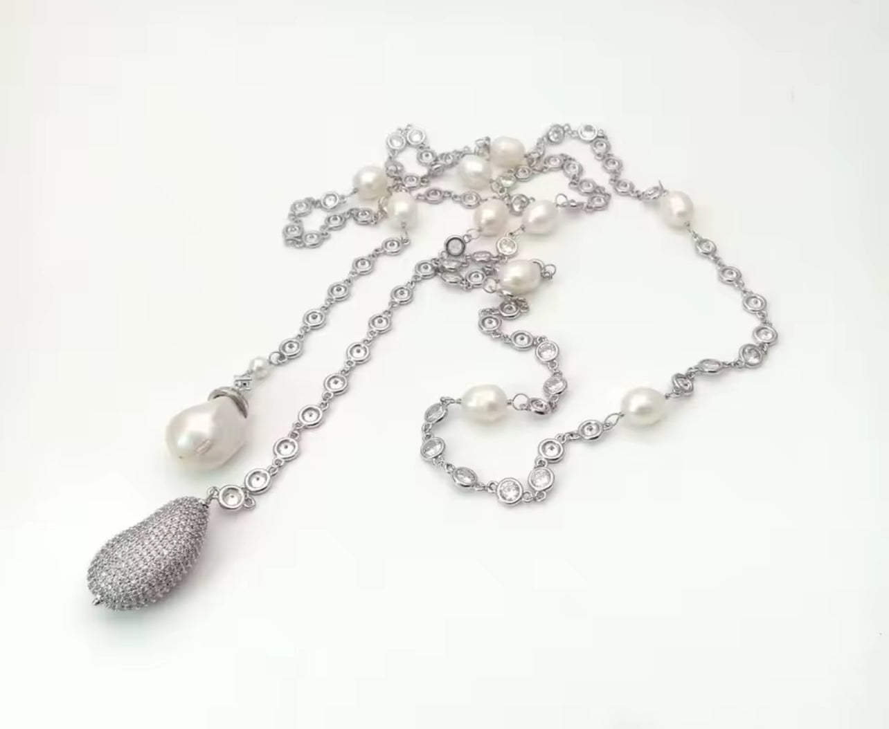 White Natural Pearl and Simulated Diamond Silver Wrap Necklace 49” long