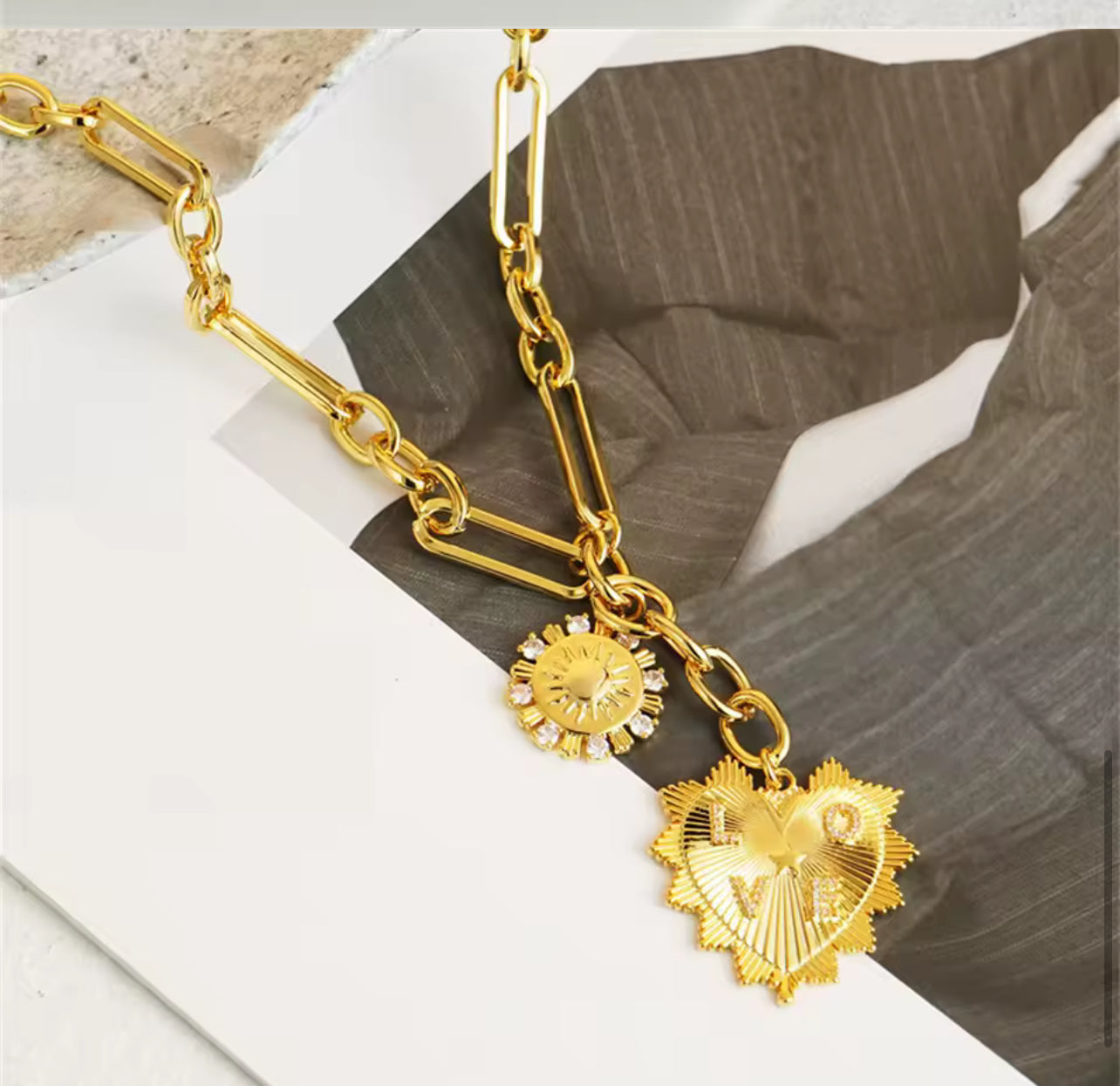 Gold Heart Disc Charm lariat necklace