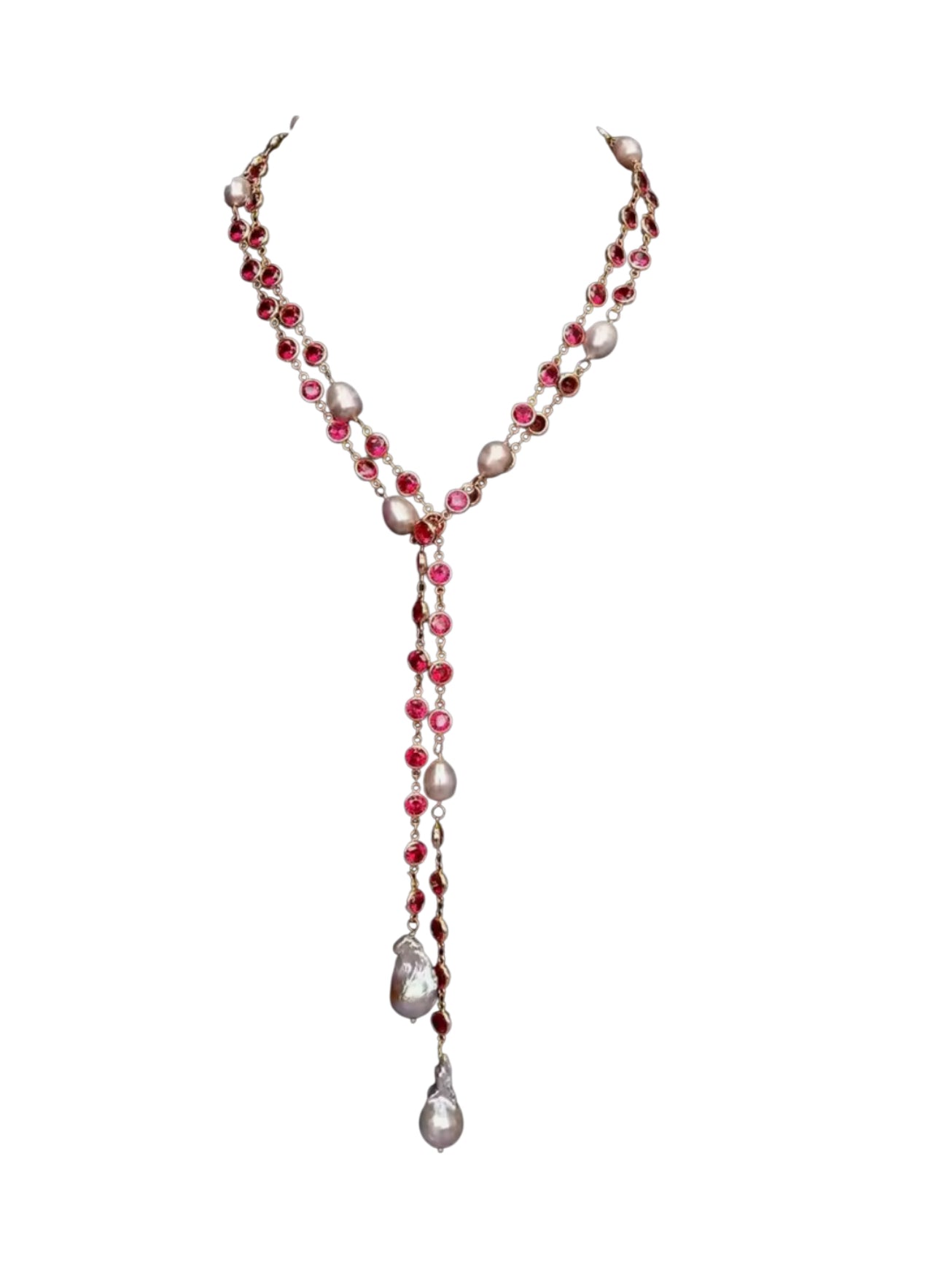 Long wrap natural pearl w Ruby stones necklace 49”
