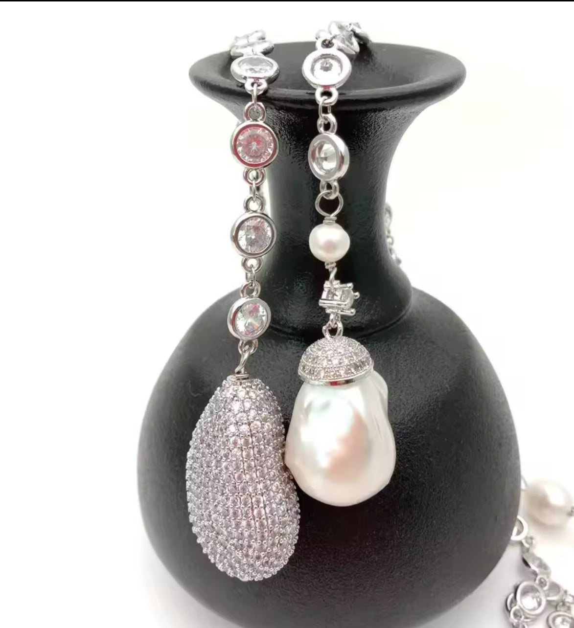 White Natural Pearl and Simulated Diamond Silver Wrap Necklace 49” long