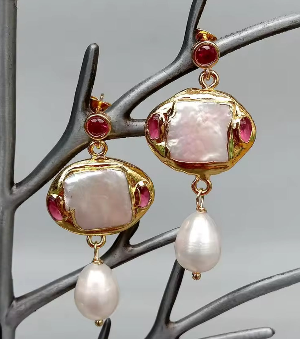 Ruby and Natural Pearl Gold Dangle Earrings