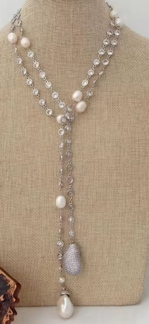 White Natural Pearl and Simulated Diamond Silver Wrap Necklace 49” long