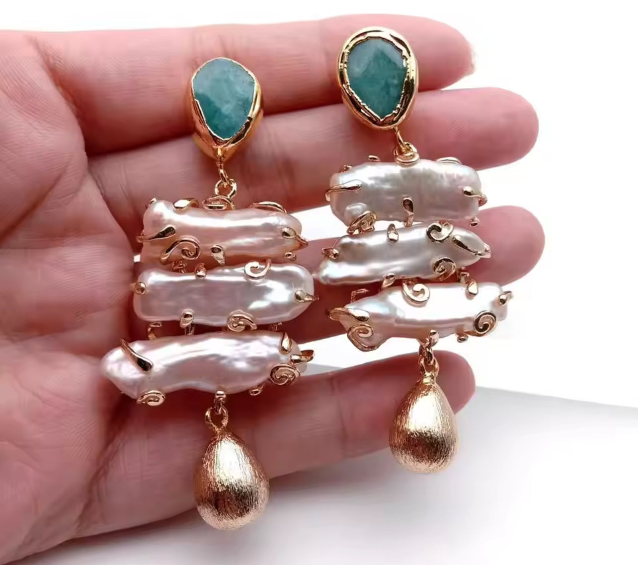 Green Amazonite Stone and Natural Freshwater Pearl Gold Dangle Earrings