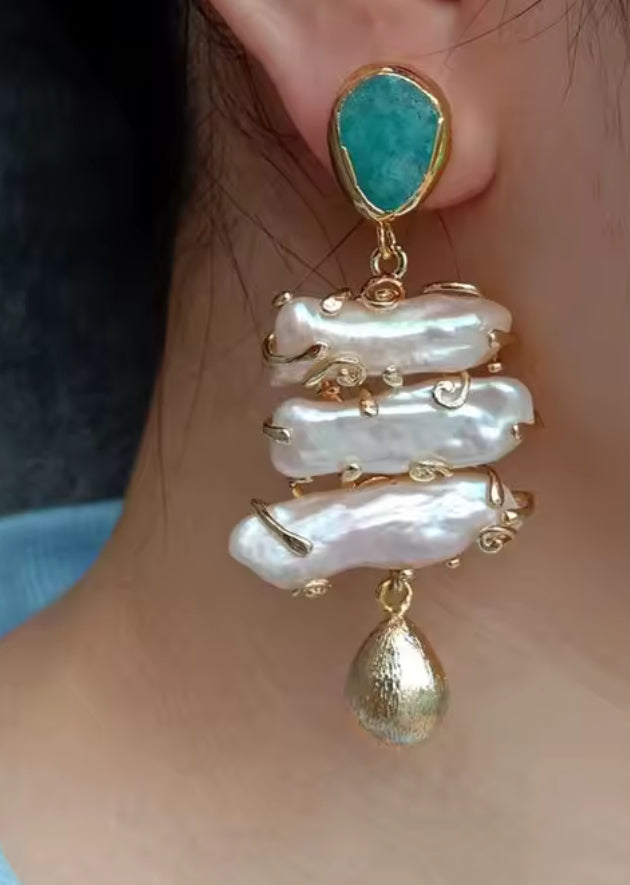 Green Amazonite Stone and Natural Freshwater Pearl Gold Dangle Earrings