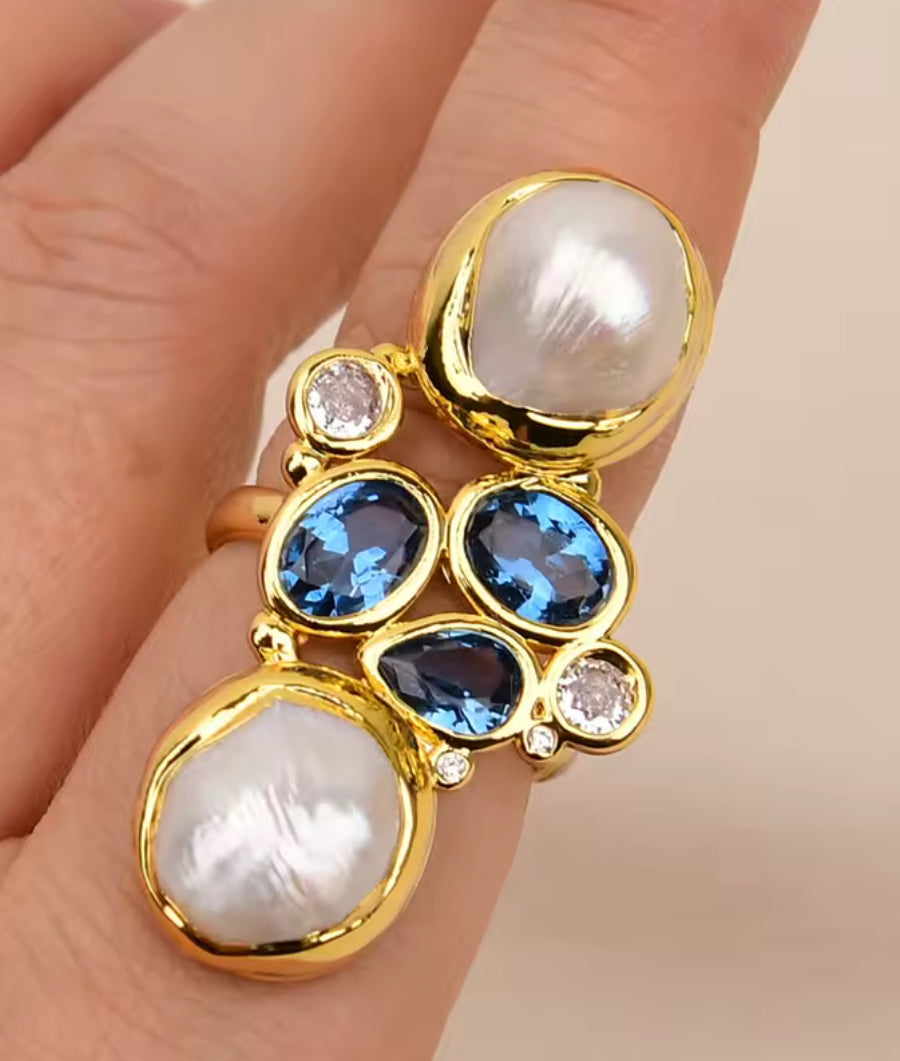 Cultured White Keshi Pearl Ring Blue Colored Stones Adjustable
