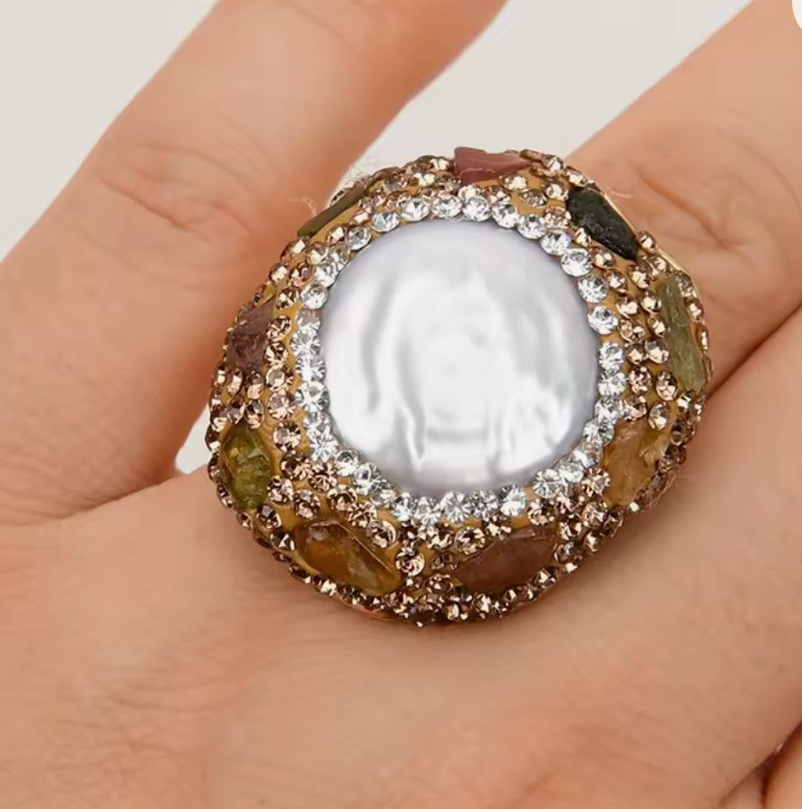 Natural Pearl Multi Colored Stone Gold Ring