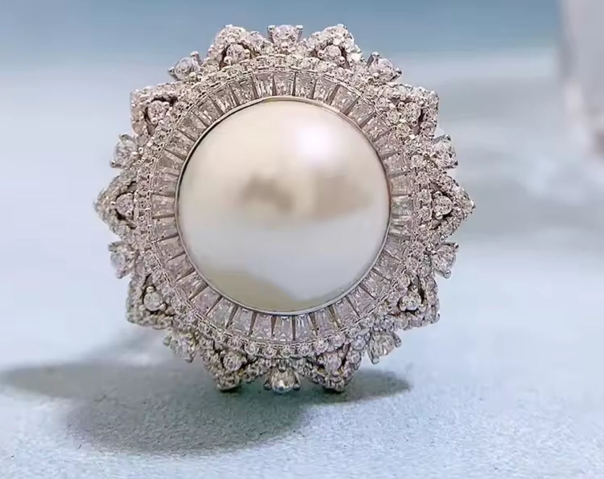 Natural Pearl Simulated Diamond Ring