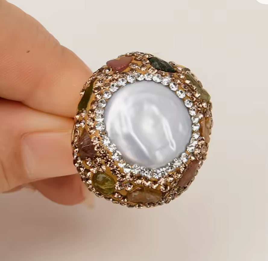 Natural Pearl Multi Colored Stone Gold Ring