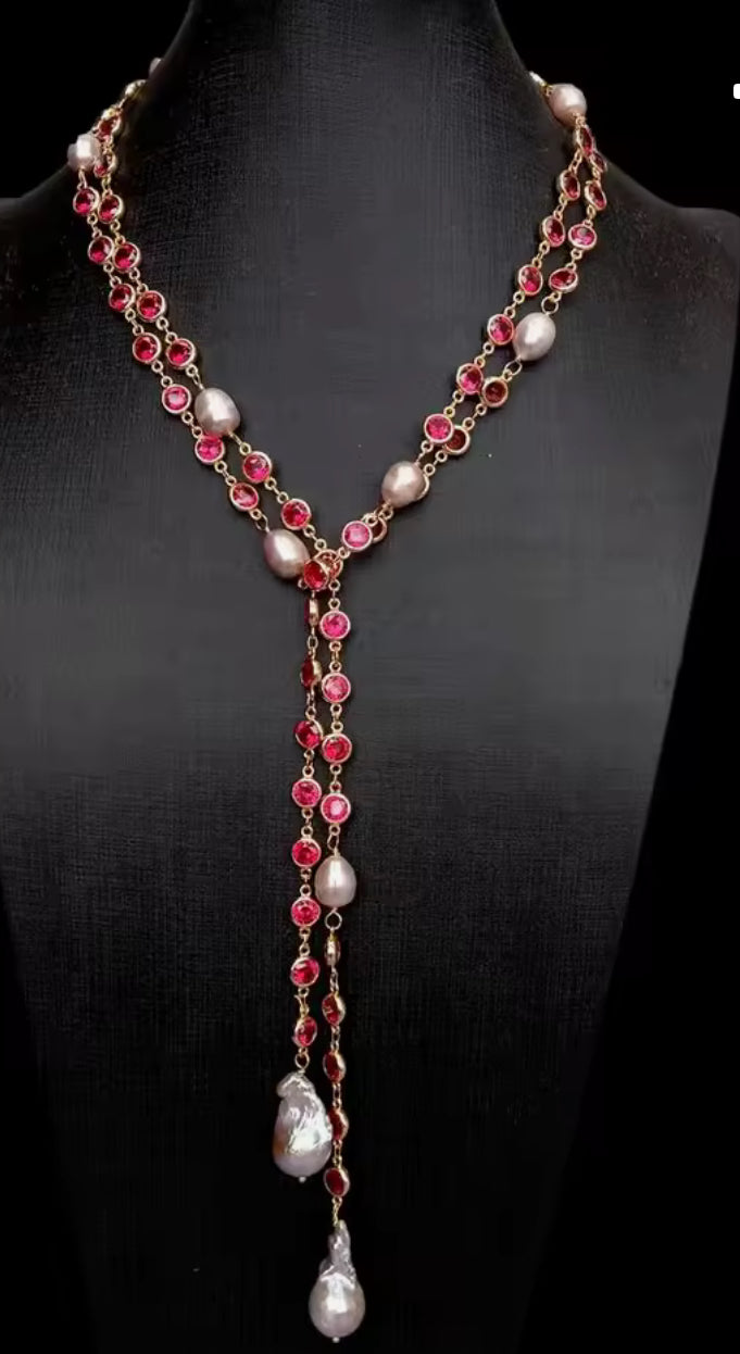 Long wrap natural pearl w Ruby stones necklace 49”