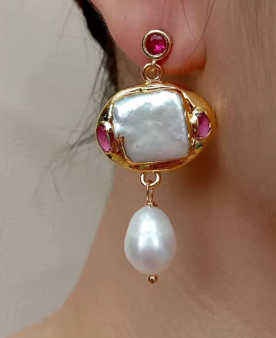 Ruby and Natural Pearl Gold Dangle Earrings