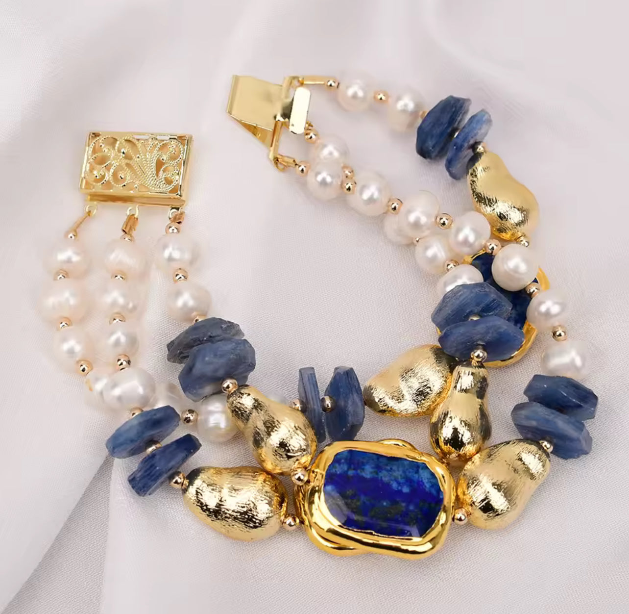 Natural Freshwater Pearl Blue Kyanite Bracelet 8"