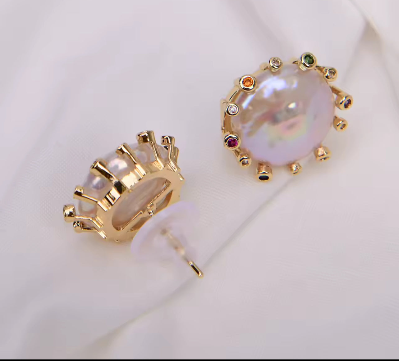 Natural Coin Pearl Stud Earrings Surrounded by Multi - Colored stones in Gold