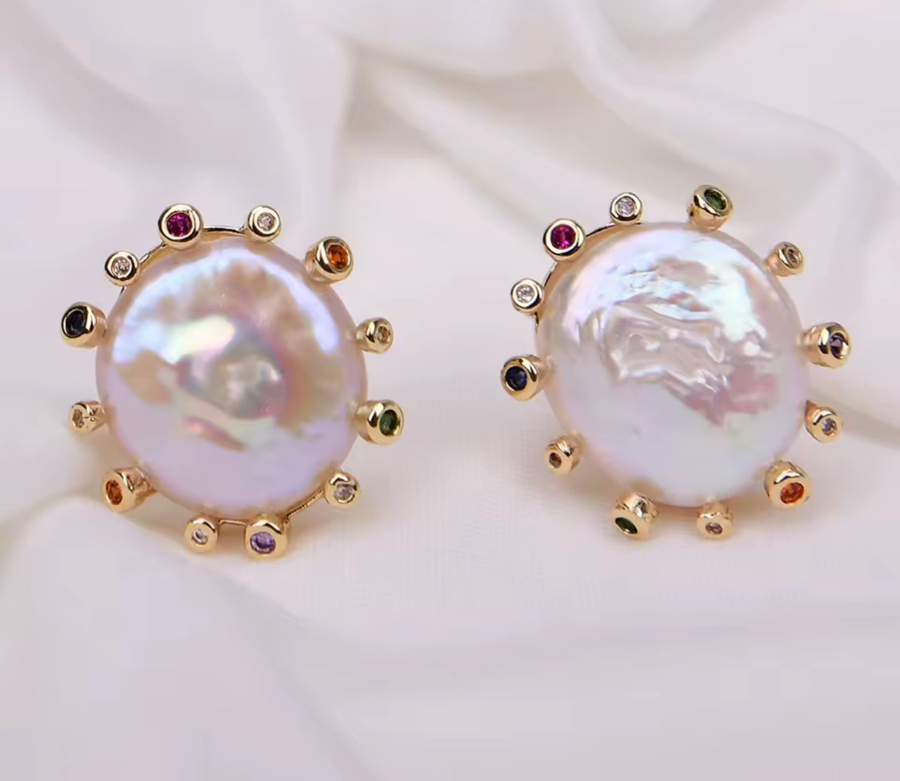 Natural Coin Pearl Stud Earrings Surrounded by Multi - Colored stones in Gold