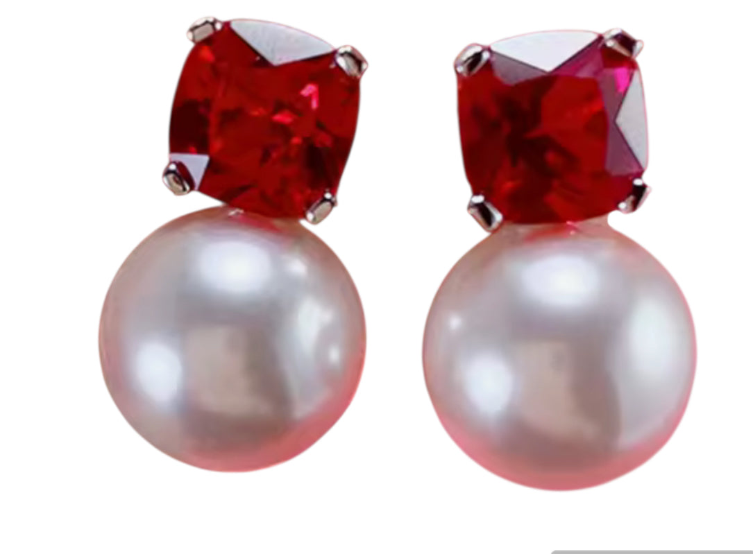 Long wrap natural pearl w Ruby stones necklace 49”