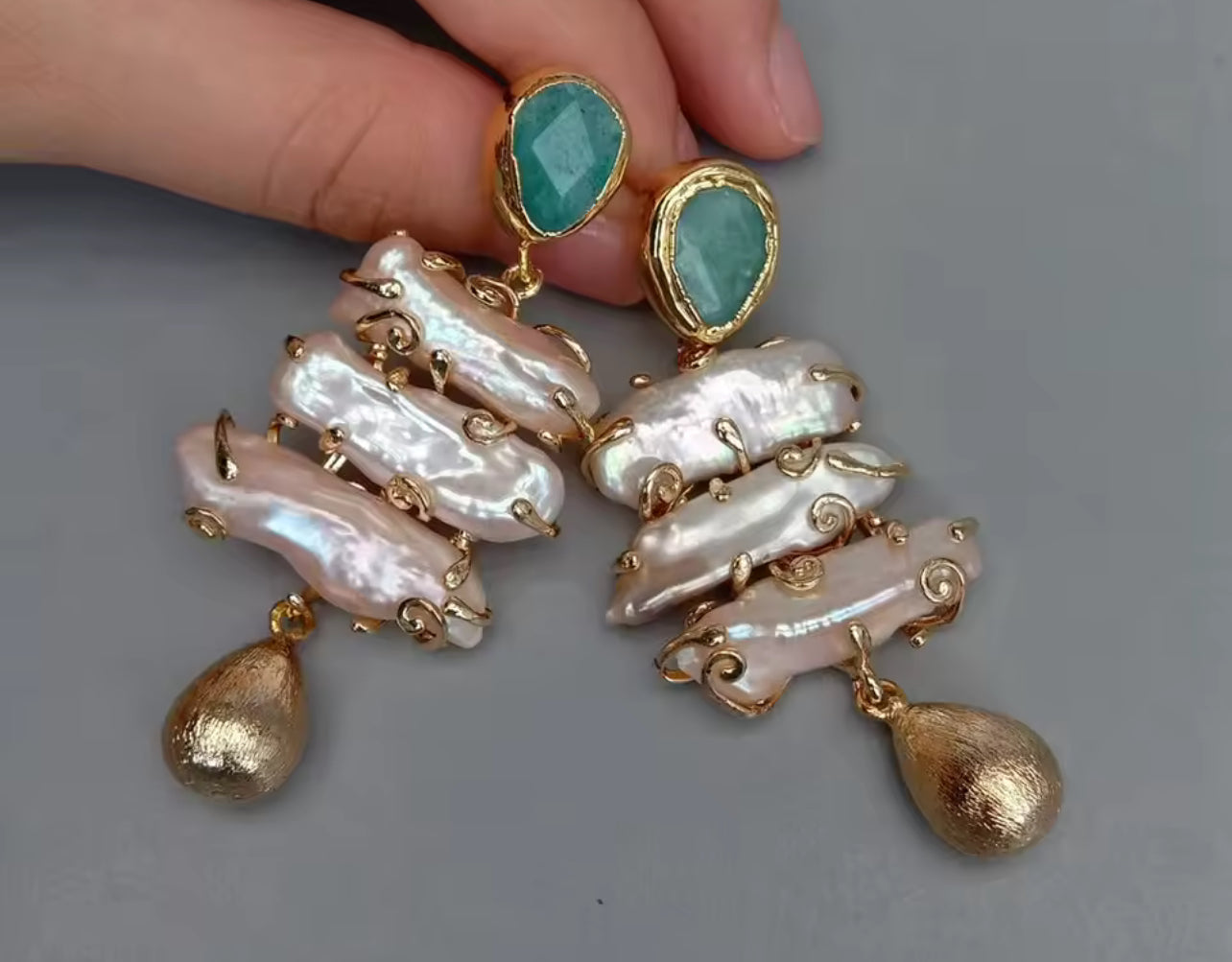 Green Amazonite Stone and Natural Freshwater Pearl Gold Dangle Earrings