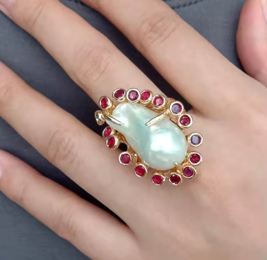Natural Pearl & Ruby Gold Ring