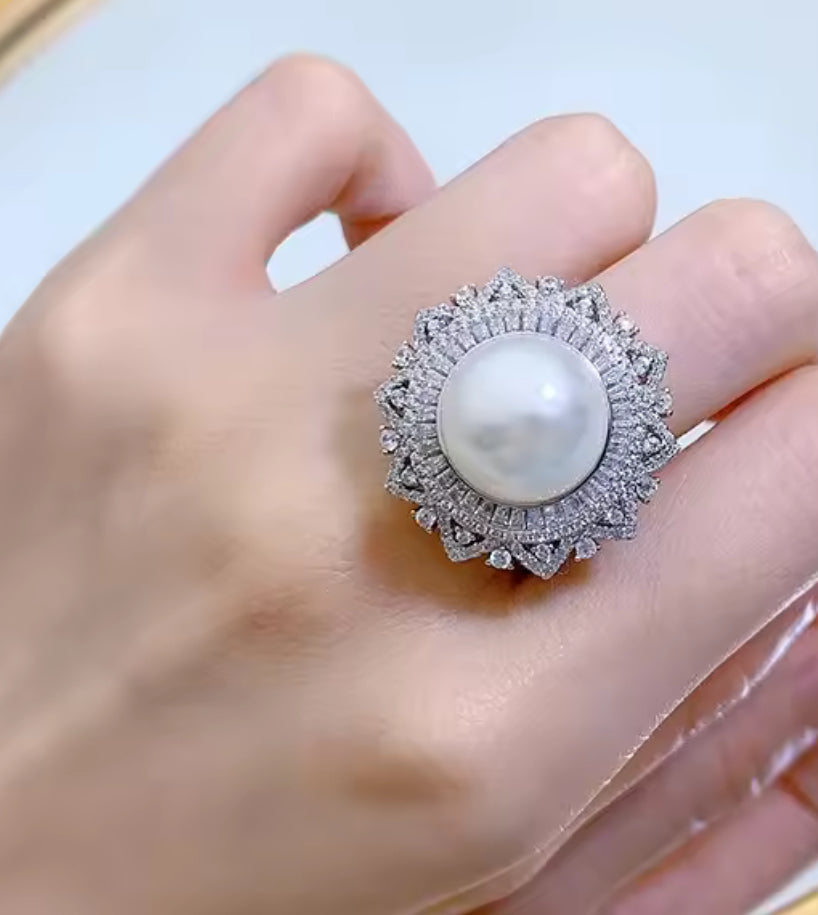 Natural Pearl Simulated Diamond Ring