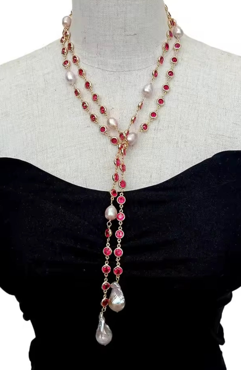 Long wrap natural pearl w Ruby stones necklace 49”