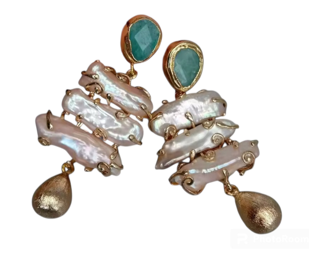 Green Amazonite Stone and Natural Freshwater Pearl Gold Dangle Earrings