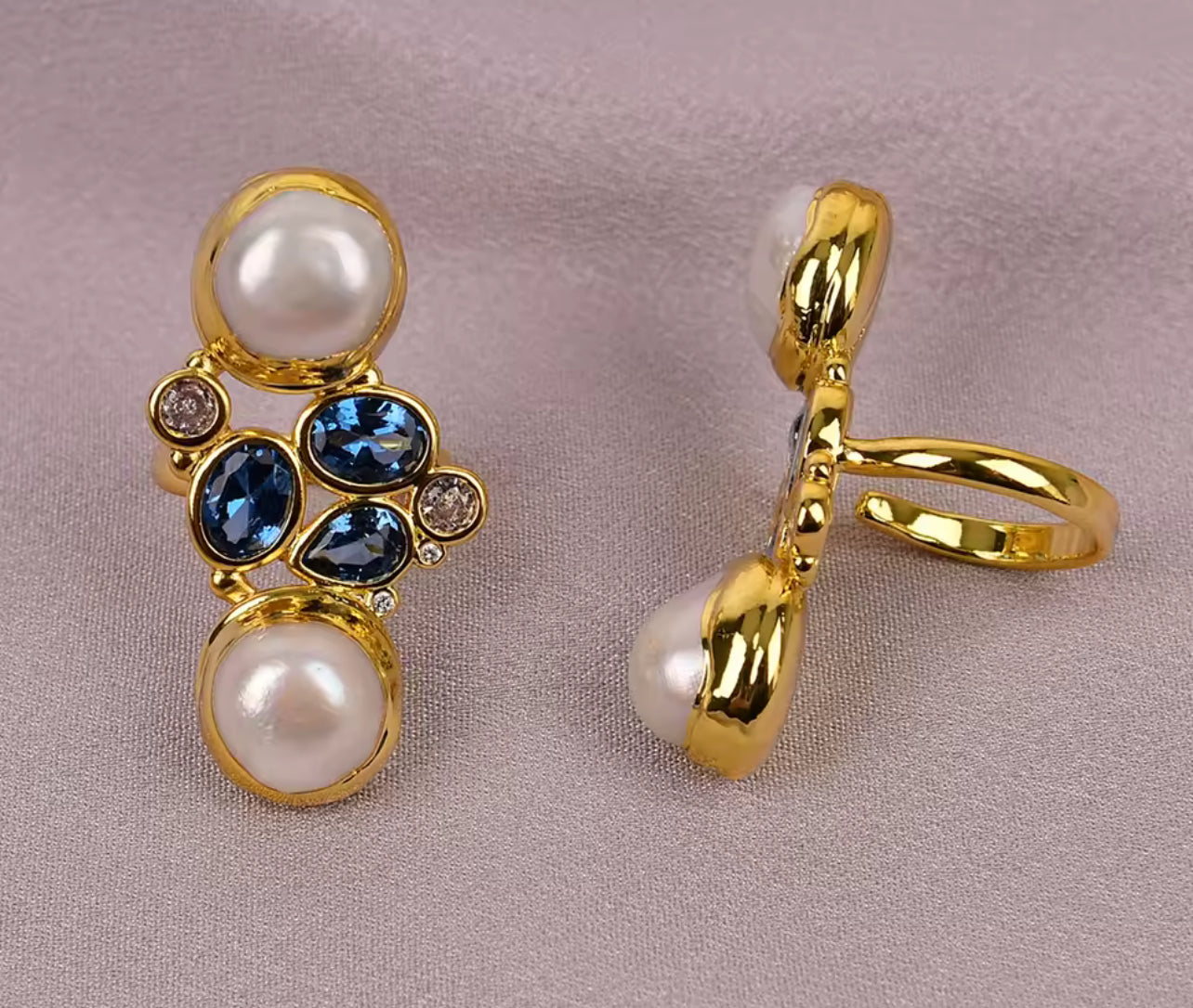 Cultured White Keshi Pearl Ring Blue Colored Stones Adjustable