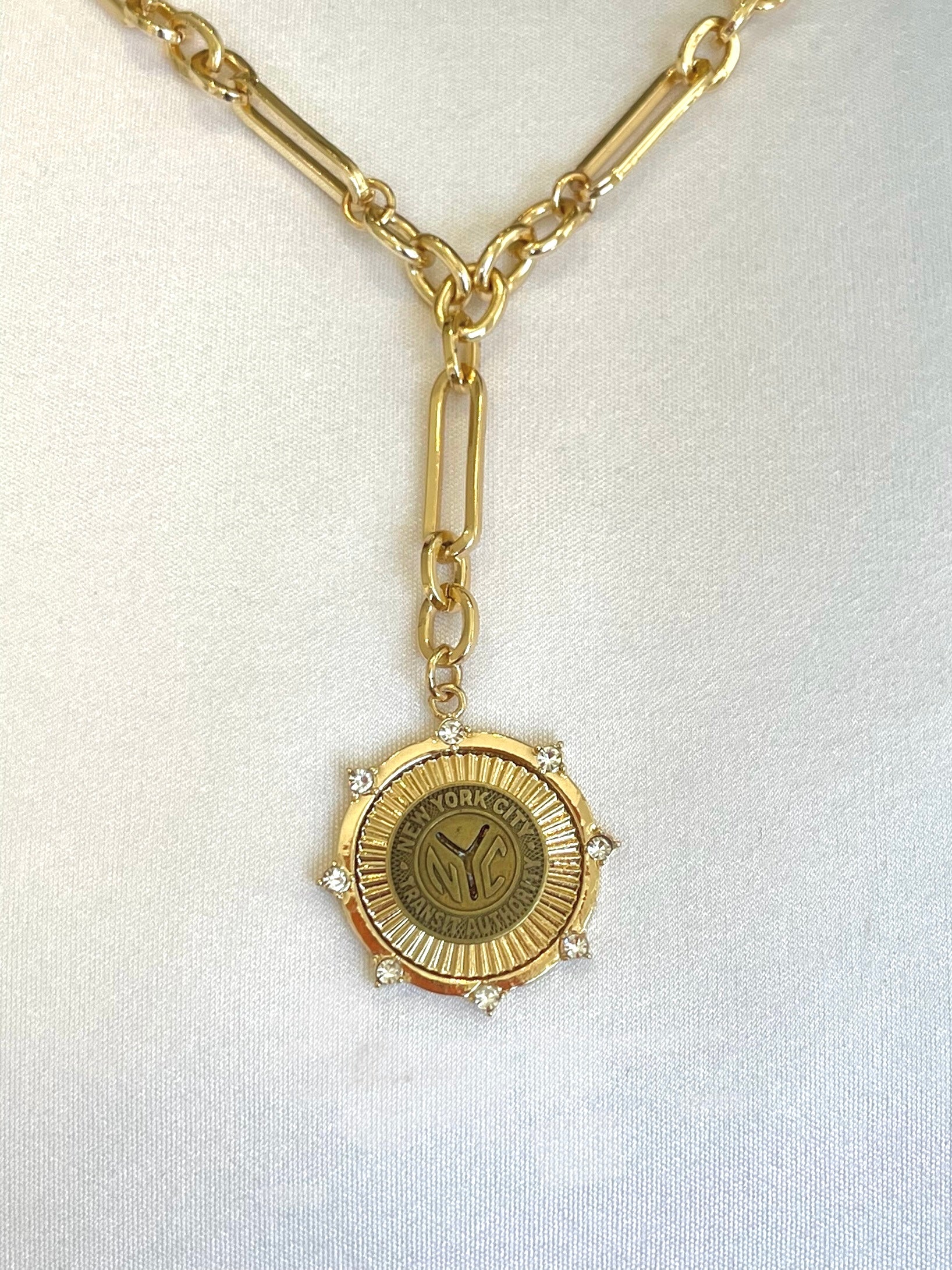NYC Subway Token 18kt gold Plated Lariat Necklace