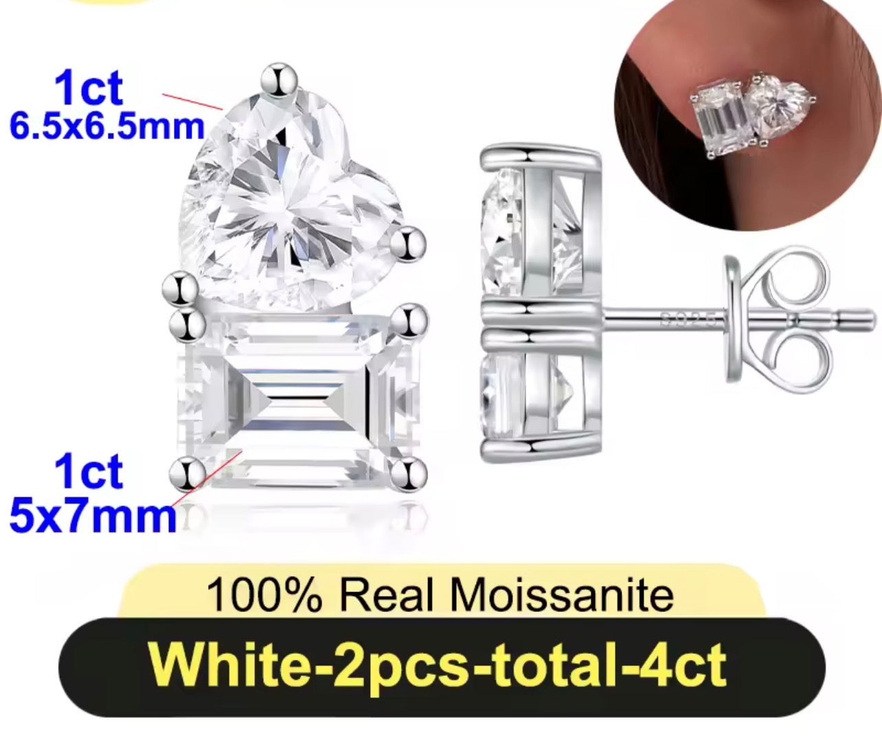 Round and baguette moissanite stud earrings with labeled stone details