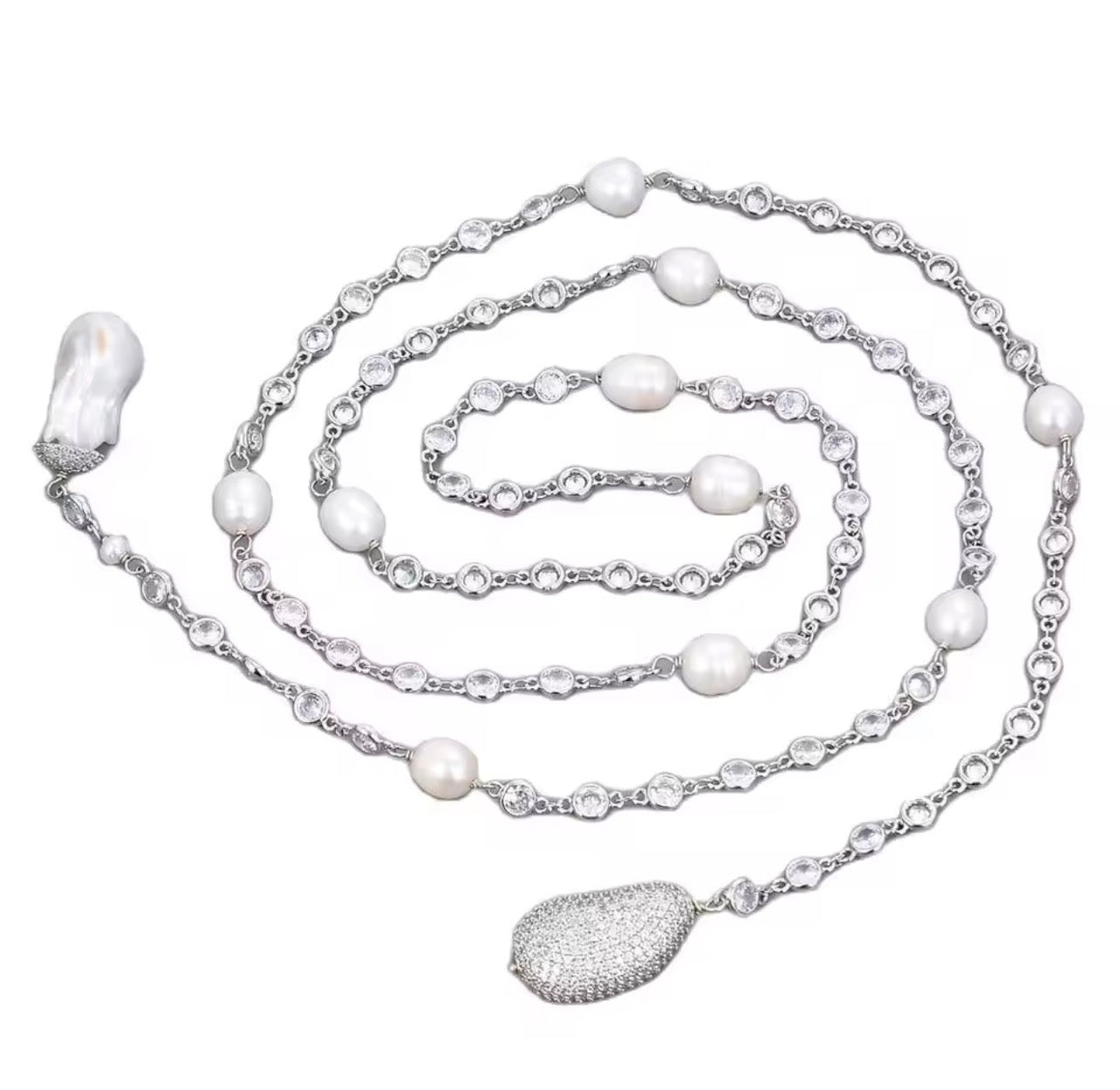 Natural white Keshi pearl and CZ pavé silver-plated wrap necklace