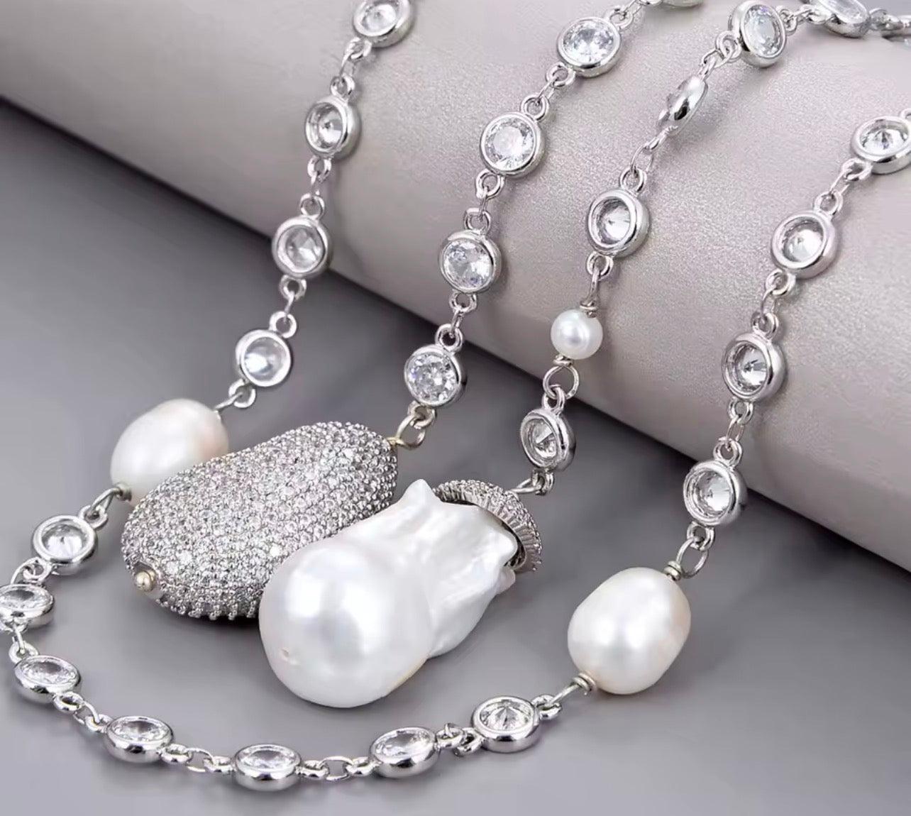 Natural white Keshi pearl and CZ pavé silver-plated wrap necklace