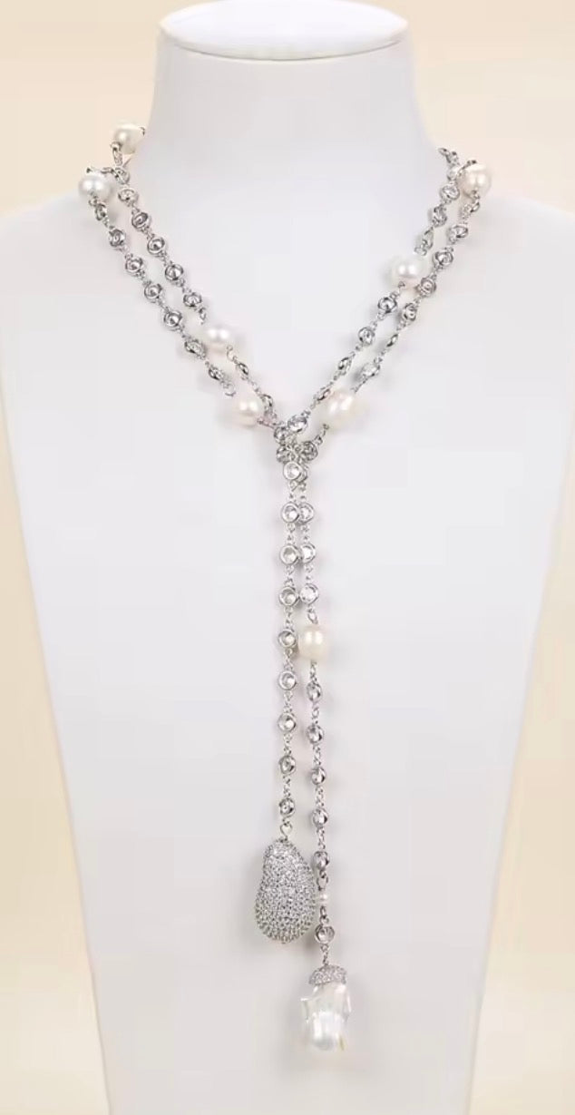 Natural white Keshi pearl and CZ pavé silver-plated wrap necklace