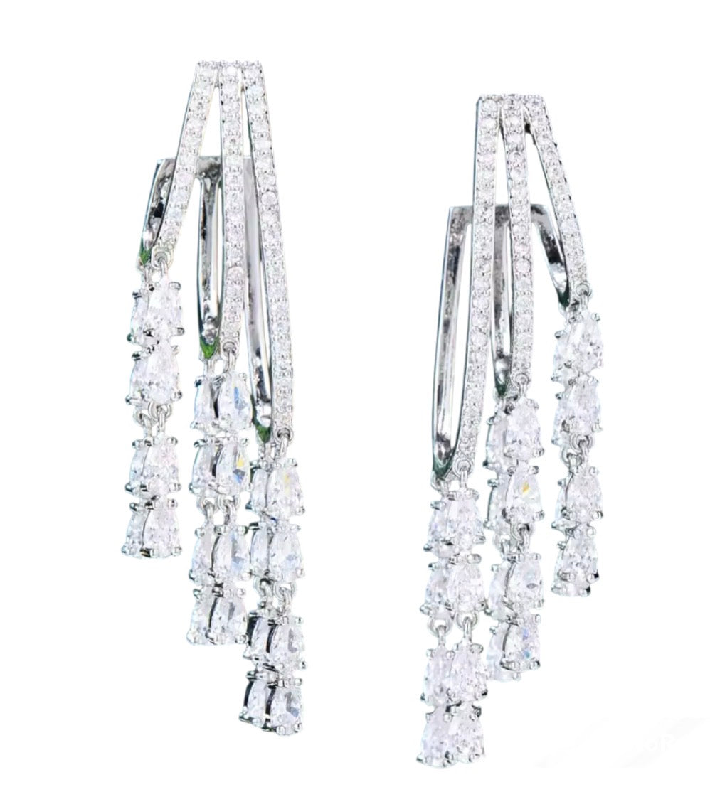 White simulated diamond dancing teardrop hoop earrings