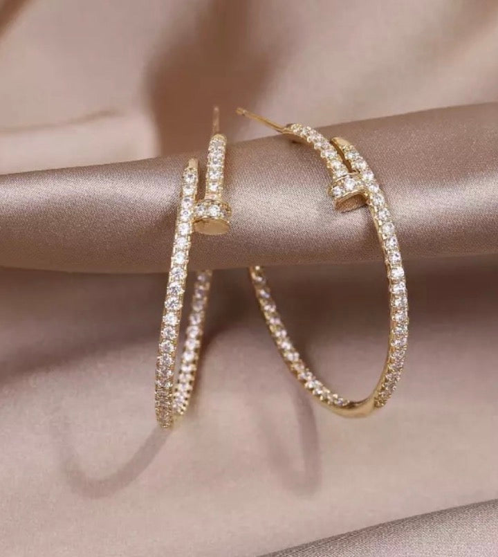 Gold nail pavé hoop earrings