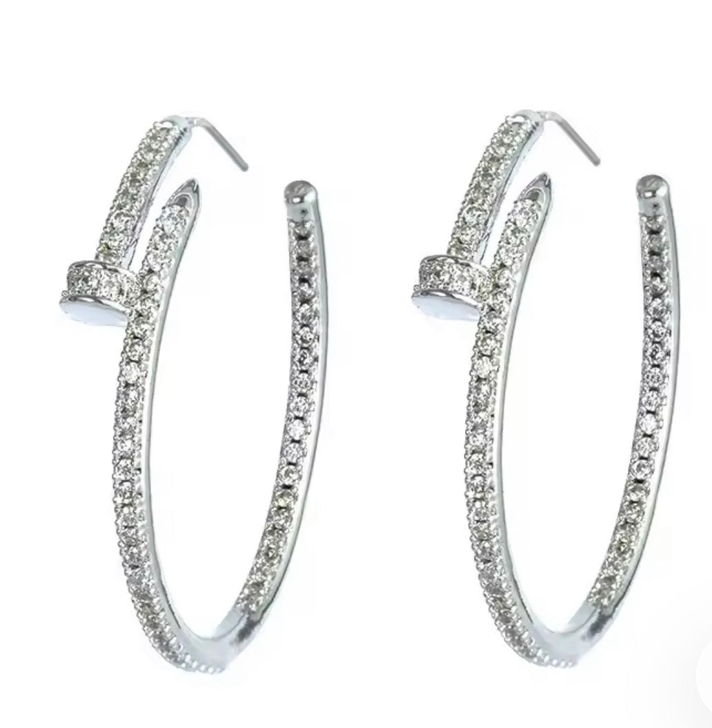 Silver nail pavé hoop earrings