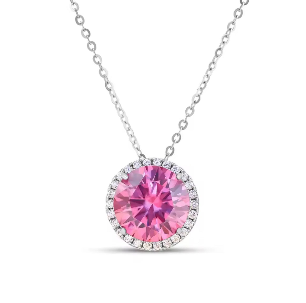 5 carat pink moissanite halo necklace in sterling silver