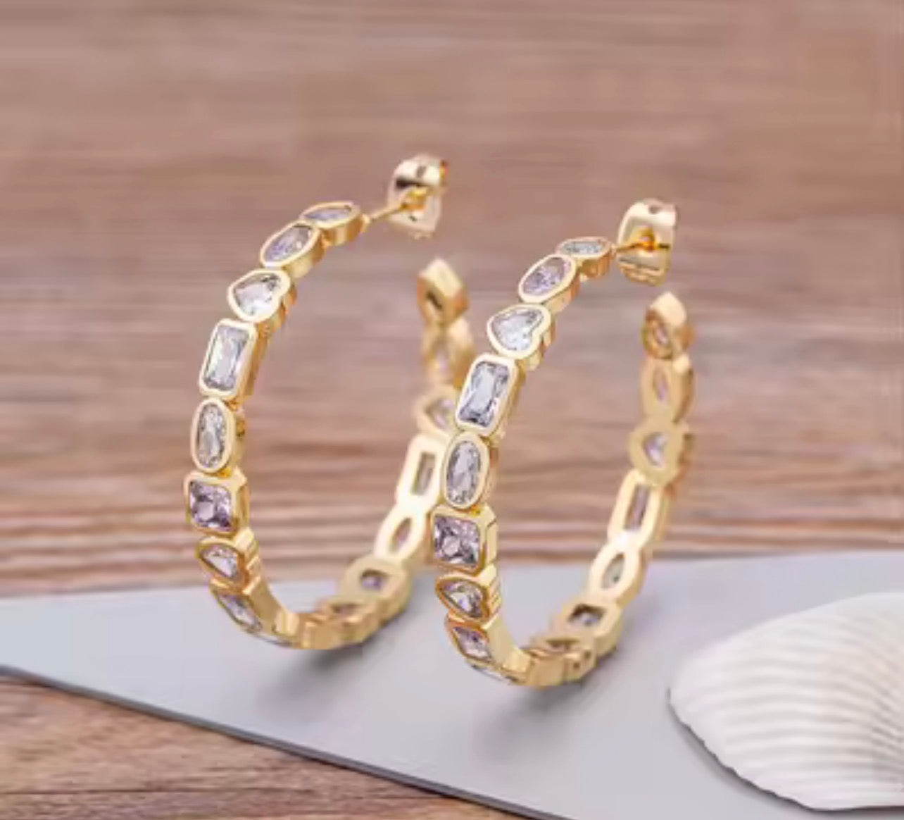 Gold multi-shaped simulated diamond hoop earrings