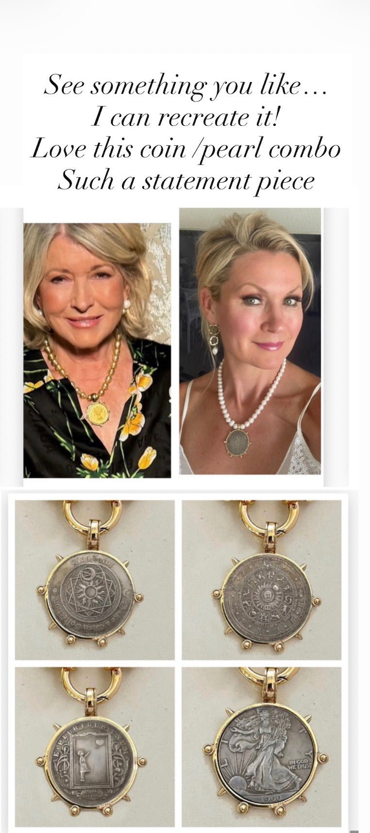 Pearl necklace styling and four coin choices