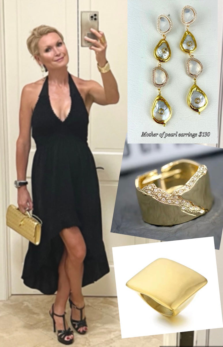 Styling inspiration featuring the gold statement cuff bracelet with a black dress and gold accessories