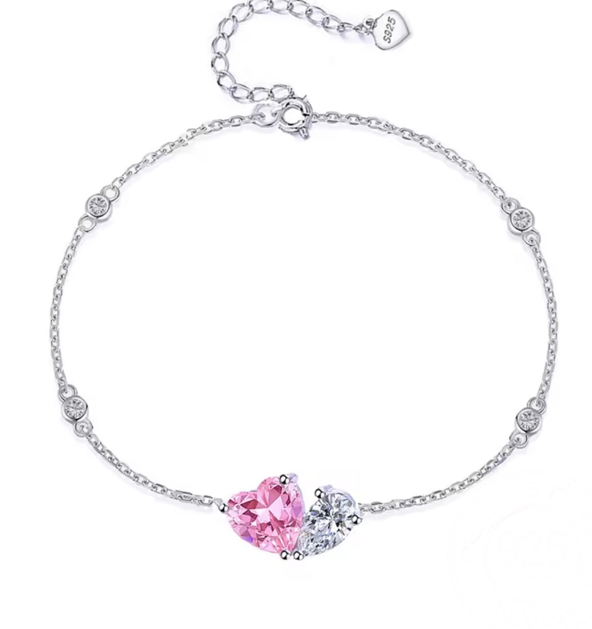 Matching pink heart and white pear simulated diamond jewelry in sterling silver