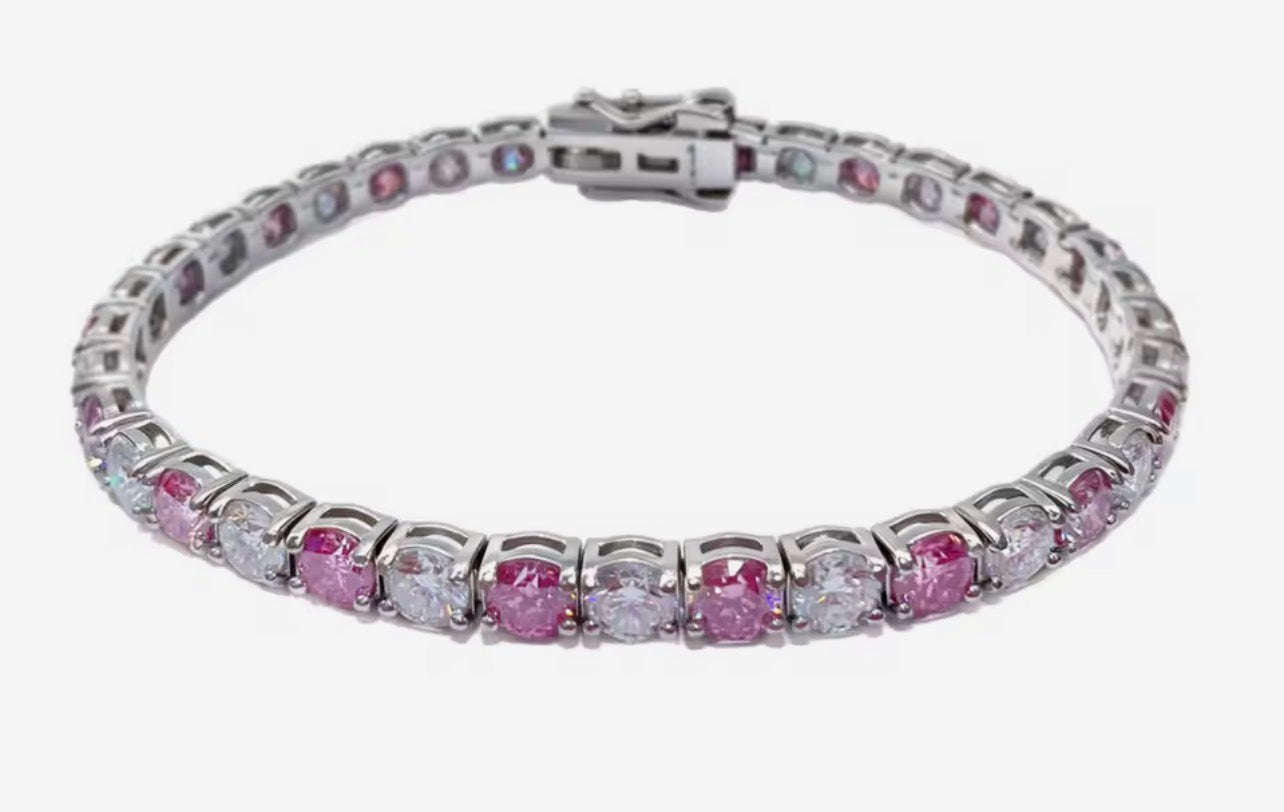Pink and white moissanite tennis bracelet in sterling silver