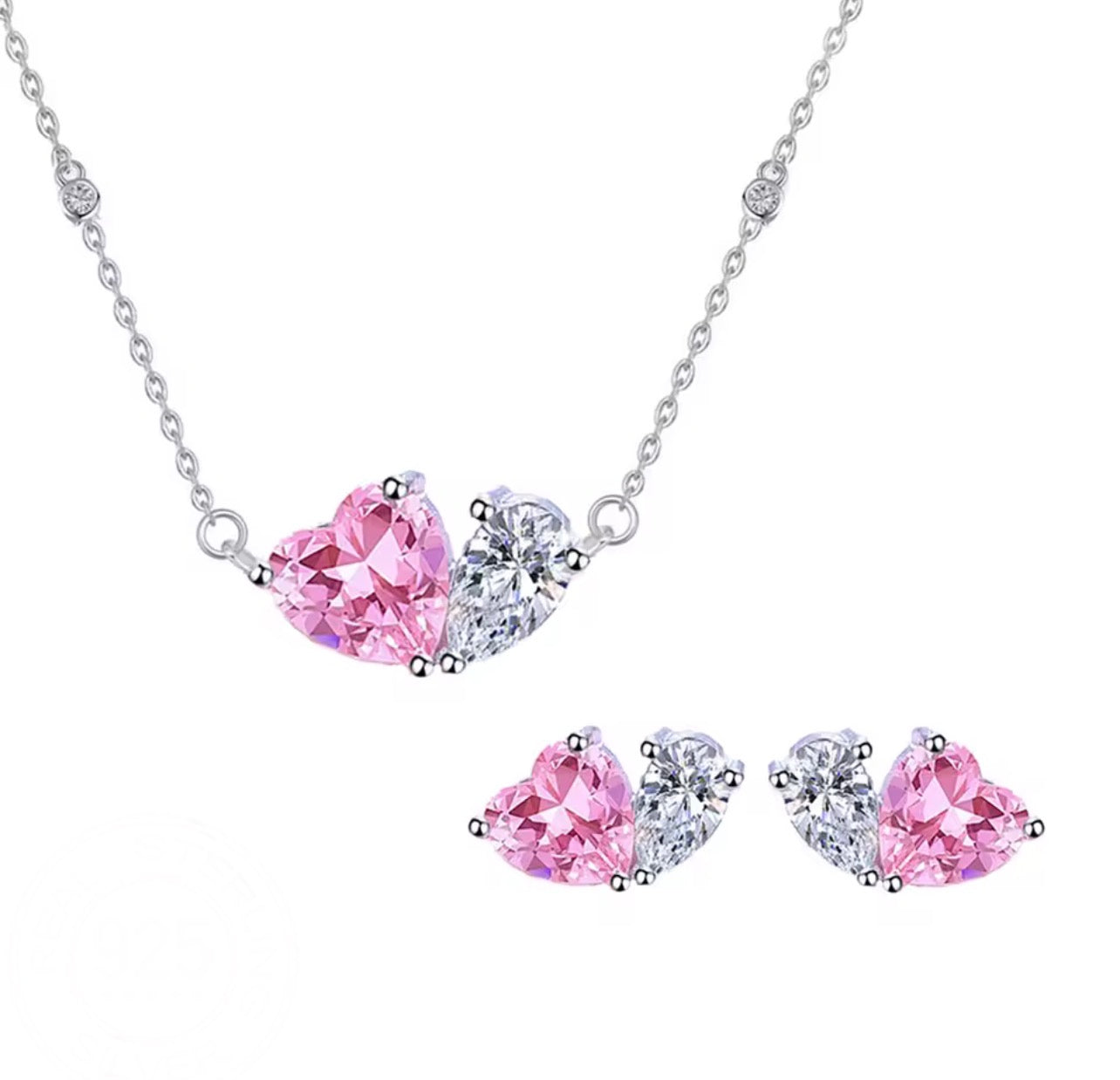 Matching pink heart and white pear simulated diamond jewelry in sterling silver