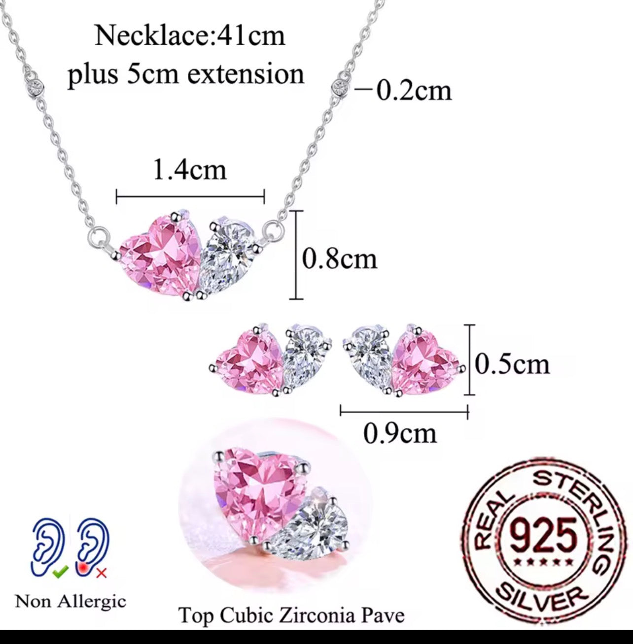 Matching pink heart and white pear simulated diamond jewelry in sterling silver