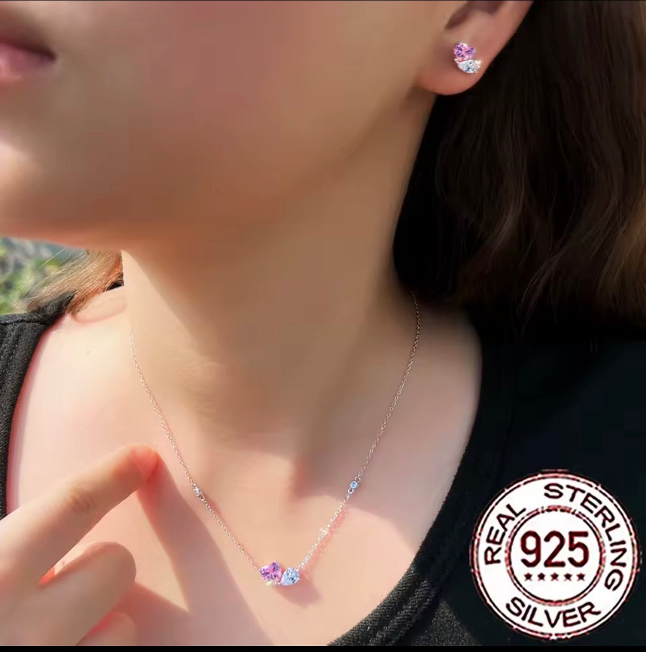 Matching pink heart and white pear simulated diamond jewelry in sterling silver