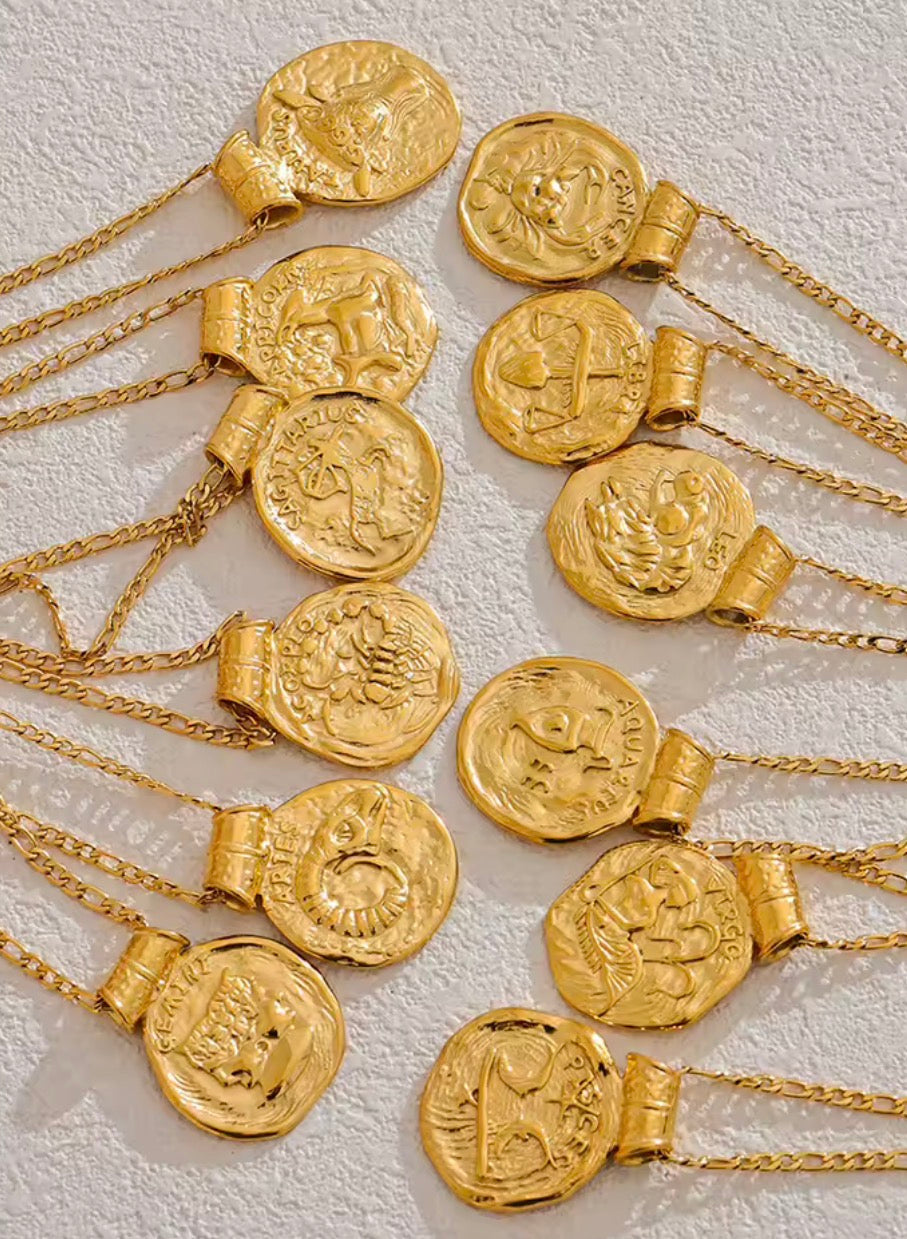 14 karat gold-plated astrology coin necklace