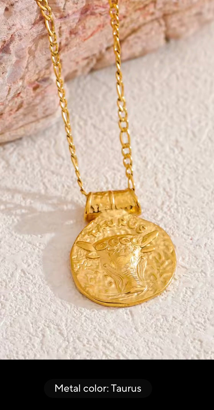14 karat gold-plated astrology coin necklace