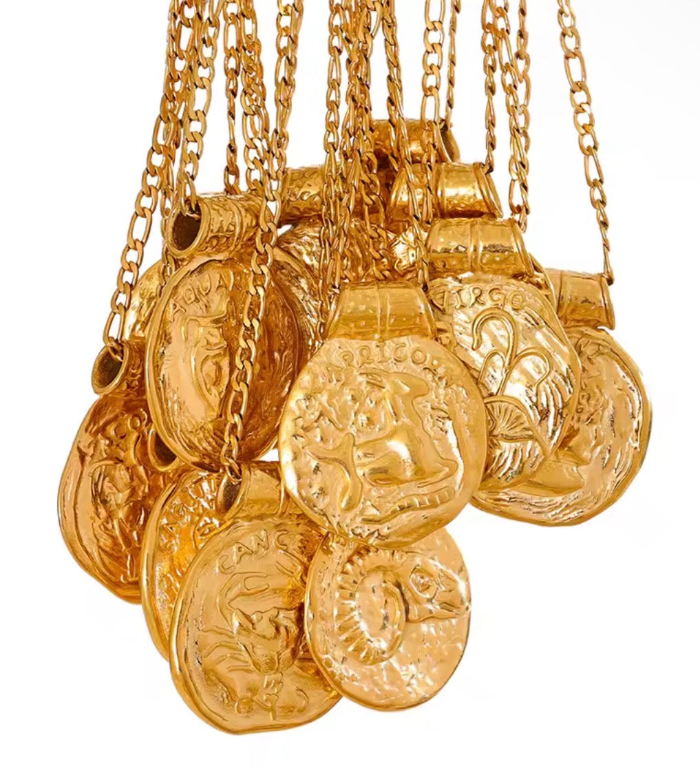 14 karat gold-plated astrology coin necklace